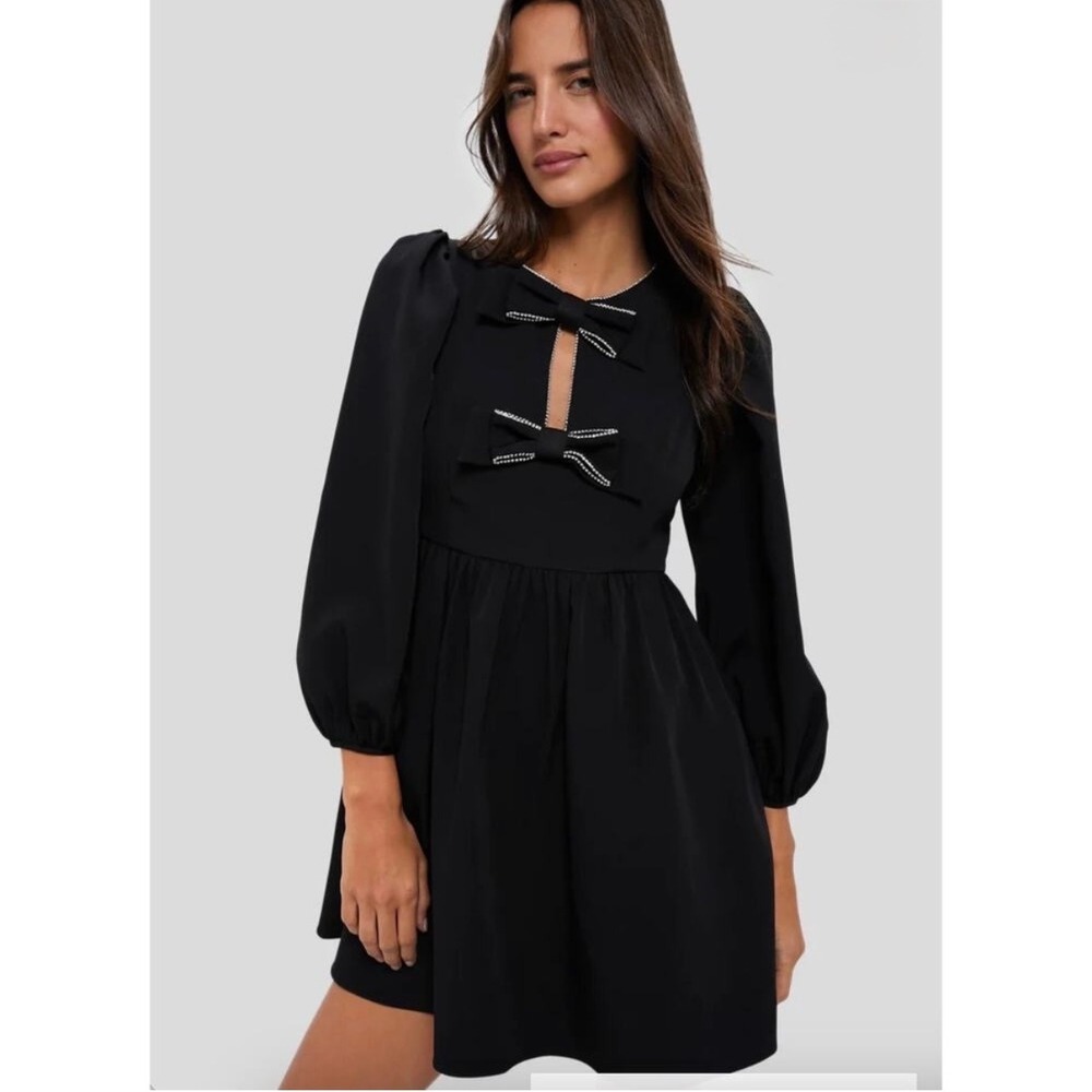 Hyacinth House Blair Mini Dress Black Embellished‎ Bow Long Sleeve Coquette S